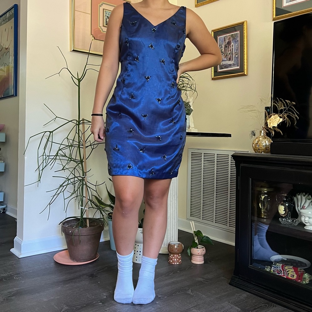 deep blue embroidered papell boutique evening dress